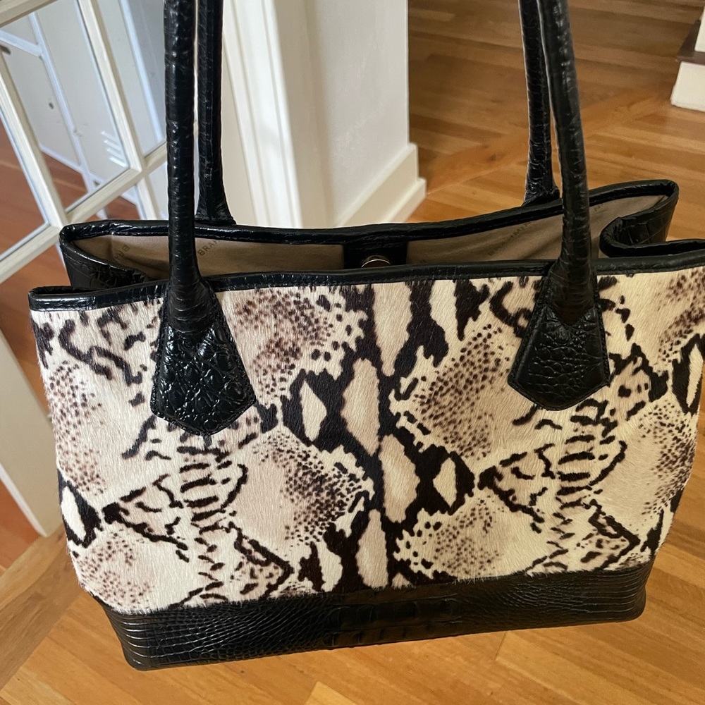 Brahmin Calf Hair Black Brown Croc Embossed Leather